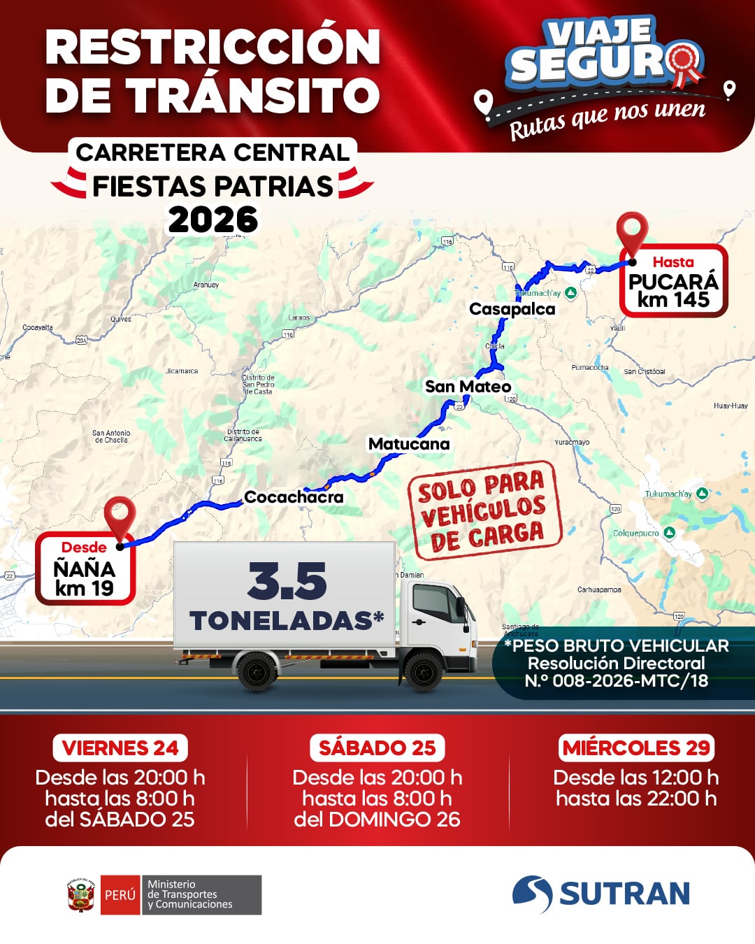 La Sutran informó que la medida se aplicará en los periodos de mayor flujo vehicular con el propósito de facilitar el desplazamiento de miles de viajeros. Foto: SUTRAN