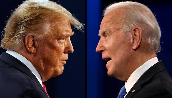 Esta combinación de imágenes creada el 22 de octubre de 2020 a Donald Trump y a Joe Biden durante el debate presidencial final en la Universidad Belmont en Nashville, Tennessee. (Foto de Morry GASH y JIM WATSON / AFP).