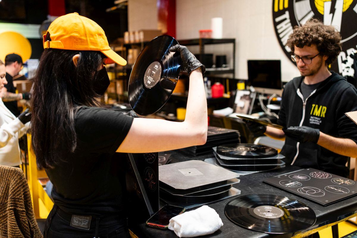Workers at a vinyl records manufacturing facility in Detroit, Michigan, US. Photographer: Eilon Paz/Bloomberg