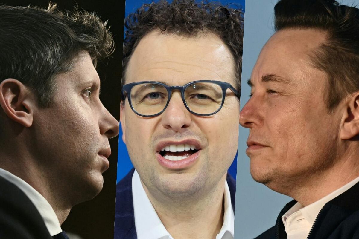 Open AI CEO Sam Altman, Anthropic CEO Dario Amodei y Elon Musk de Space X. (Fotos: Brendan SMIALOWSKI y Michael M. Santiago /AFP)