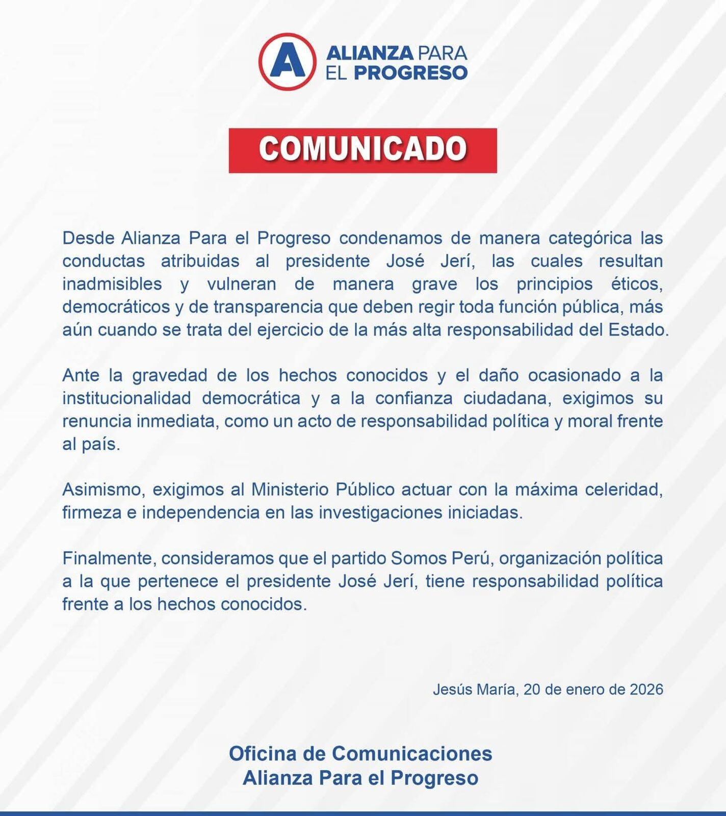 APP exige que José Jerí renuncie al cargo tras sus reuniones con Zhihua Yang.