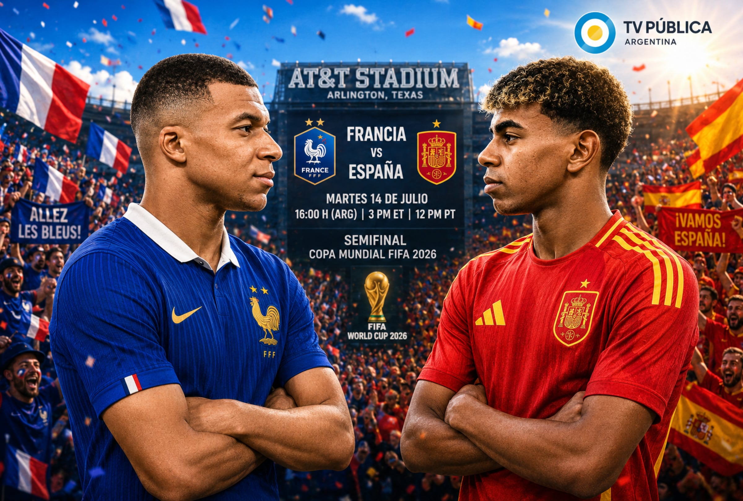 DALLAS, TEXAS (ESTADOS UNIDOS), 14/07/2026.- Cobertura oficial de TV Pública (Canal 7) EN VIVO GRATIS para ver el partido Francia vs. España hoy por la semifinal de la Copa Mundial FIFA 2026 en el AT&T Stadium de Arlington en Dallas, Texas (Estados Unidos). FOTO DE NOÉ YACTAYO