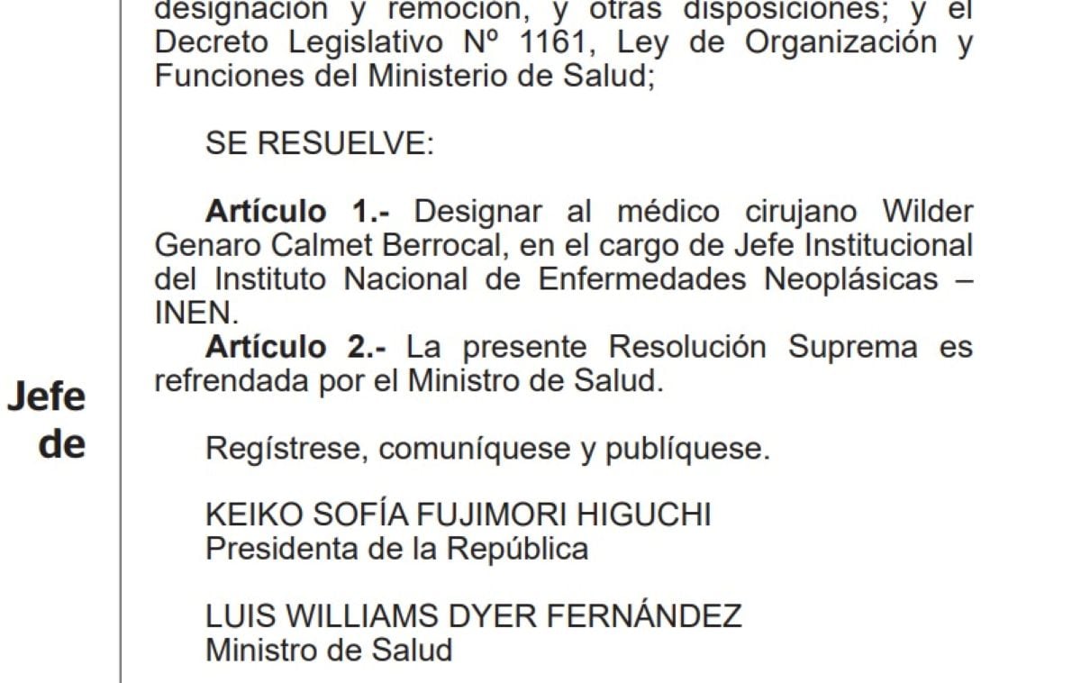 Designan Jefe Institucional del Instituto
Nacional de Enfermedades Neoplásicas -
INEN. Foto: Diario Oficial El Peruano.