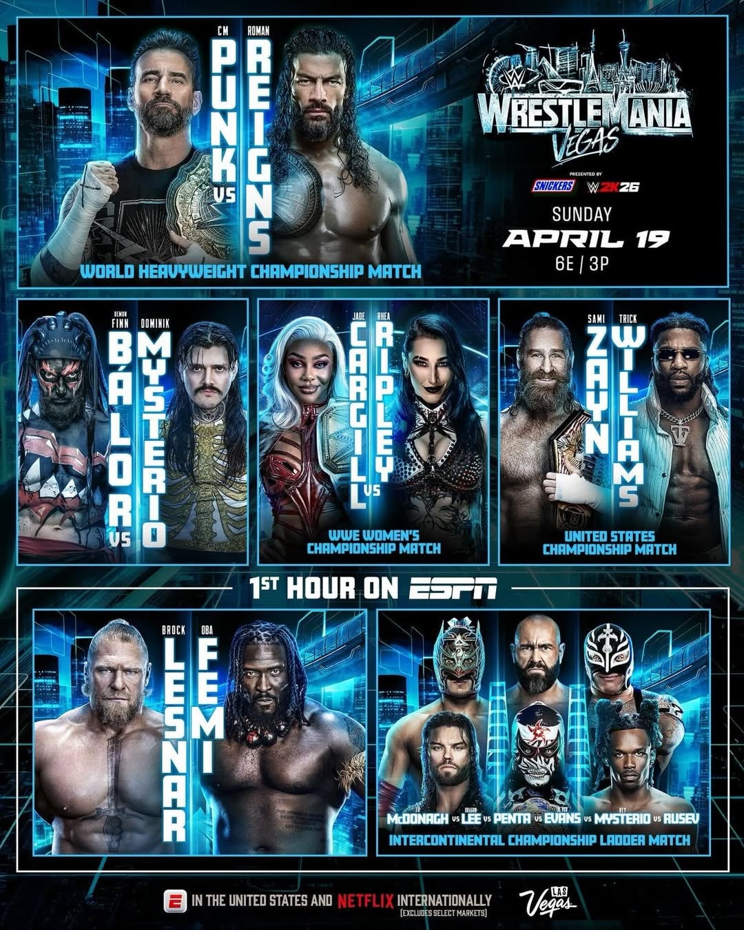 La WWE WrestleMania 2026 – Noche 2 (19 de abril en Las Vegas) tendrá como evento principal la pelea Roman Reigns vs. CM Punk. Además, habrá otros combates destacados que completan el cierre del mayor evento de WWE. (Foto: @wwe / @allegiantstadium / @tripleh / @tkogrp / Instagram)