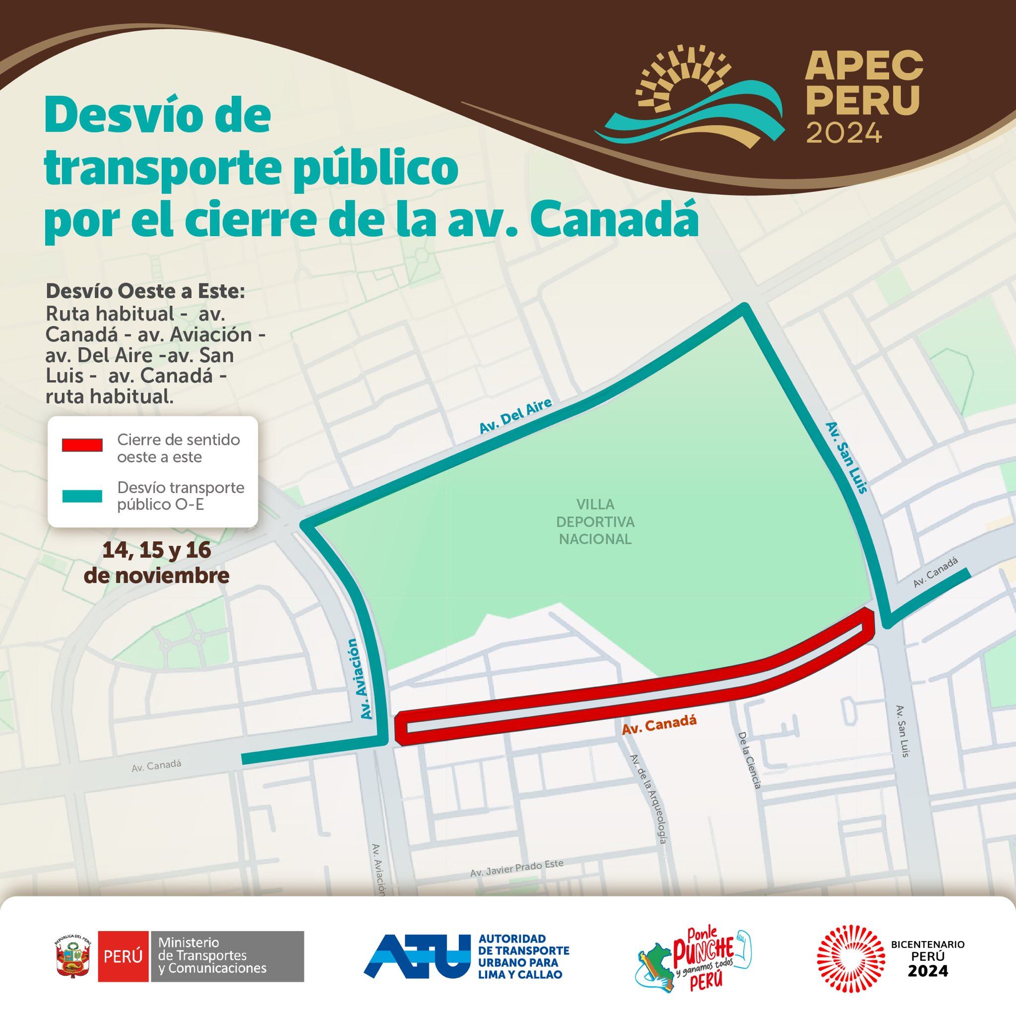 Plan de desvíos durante la APEC 2024. Foto: ATU.