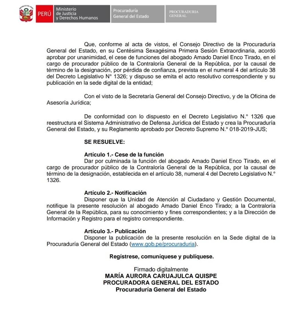 Procuraduría General del Estado cesa a Amado Enco como procurador por "pérdida de confianza". Fuente: PGE.