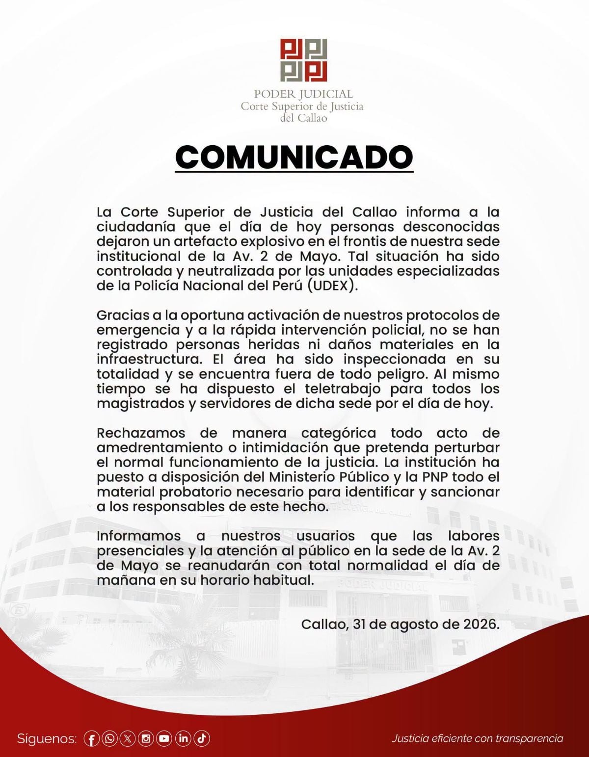 Comunicado del Poder Judicial tras lo ocurrido. Foto: X.