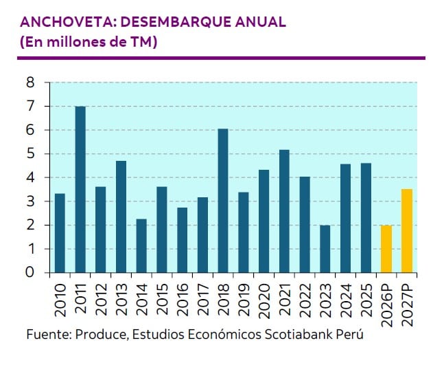 Desembarque anual de anchoveta, evolución y proyección. | Fuente: Scotiabank