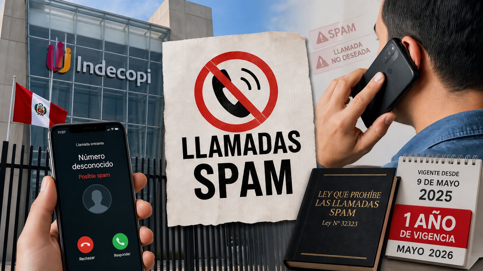 Indecopi comenzó a usar la IA para analizar datos de llamadas spam en mayo del 2024, un año antes de que se publicara la Ley N.° 32323. Los PAS analizados por la CC3 hasta ahora han considerado entre 50 mil hasta un millón de audios. Fotocomposición: Alessandro Azurín, ChatGPT, Diario Gestión.