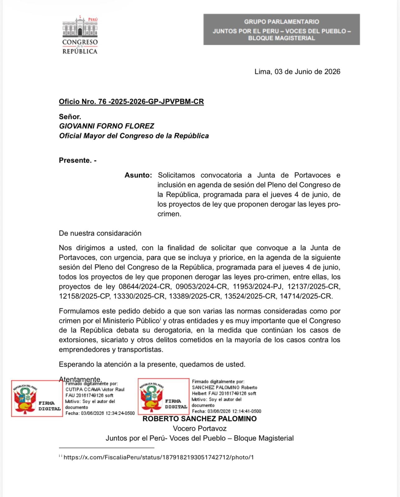 Roberto Sánchez busca que el Congreso debata, con inmediatez, derogación de leyes procrimen. Foto: captura X