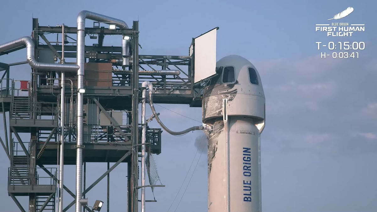 This still image taken from video by Blue Origin shows the launch pad as Mark Bezos, Jeff Bezos, Wally Funk and Oliver Daemen wait for take off to travel for the first crewed flight of Blue Origin's reusable New Shepard craft, on July 20, 2021, in Van Horn, Texas. - Blue Origin's first crewed mission is an 11-minute flight from west Texas to an altitude of 65 miles (106kms), and back again, to coincide with the 52nd anniversary of the first Moon landing. (Photo by Handout / BLUE ORIGIN / AFP) / RESTRICTED TO EDITORIAL USE - MANDATORY CREDIT "AFP PHOTO / Blue Origin" - NO MARKETING - NO ADVERTISING CAMPAIGNS - DISTRIBUTED AS A SERVICE TO CLIENTS