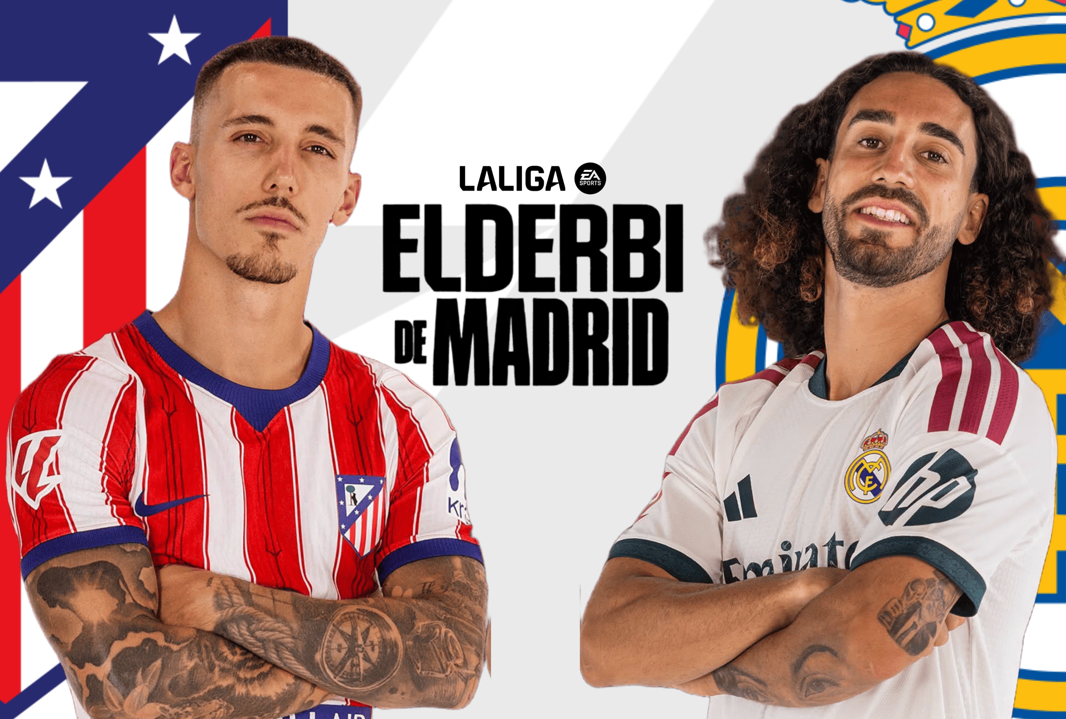 Jugadores del Real Madrid y Atlético de Madrid alineados en el terreno de juego. Imagen para ilustrar las alineaciones confirmadas y la previa del derbi en vivo por LaLiga 2026-27. | Crédito: LaLiga / Facebook / Composición Depor