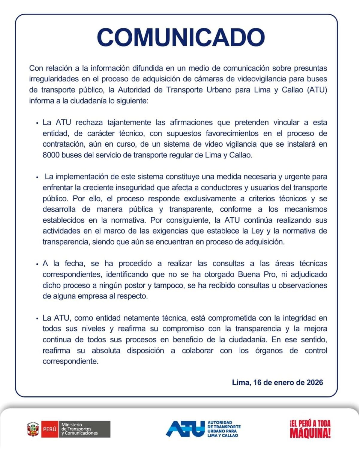 Comunicado de la ATU.