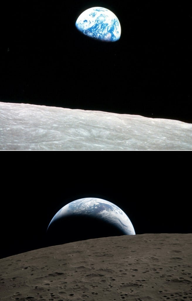 Esta combinación de imágenes creada el 7 de abril de 2026 muestra (de arriba a abajo) una imagen de la NASA que muestra la salida de la Tierra sobre la Luna tomada en la víspera de Navidad, 24 de diciembre de 1968 desde el Apolo 8, la primera misión tripulada a la Luna, cuando entró en órbita lunar y una imagen de la NASA que muestra la Tierra cuando se oculta más allá del horizonte lunar, también conocida como "puesta de la Tierra", vista desde la nave espacial Orión el 6 de abril de 2026. La NASA publicó el 7 de abril de 2026 una fotografía histórica de la Tierra ocultándose bajo el horizonte lunar, más de 57 años después de que un astronauta del Apolo 8 capturara una imagen icónica de la "salida de la Tierra". Los miembros de la tripulación de Artemis II capturaron la toma desde su cápsula Orión durante el sobrevuelo lunar récord de la misión, haciendo eco de la legendaria fotografía de la "salida de la Tierra" tomada por el astronauta estadounidense Bill Anders en diciembre de 1968 durante la primera misión espacial que llevó humanos alrededor de la Luna. (Fotografía cedida por la NASA/AFP)