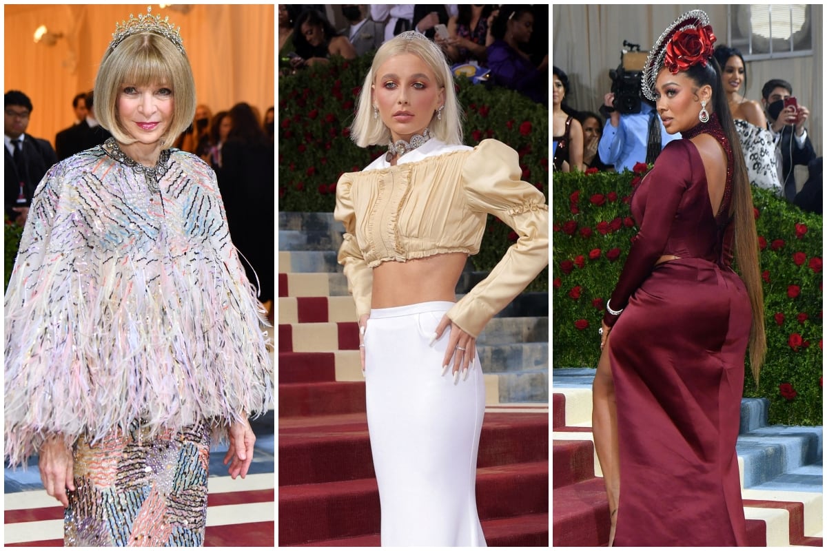 El MET Gala se realiza en el Museo Metropolitano de Arte de Nueva York. En la imagen la editora de Vogue, Anna Wintour, la youtuber Emma Chamberlain y la actriz estadounidense La La Anthony. (Foto: AFP/Reuters)