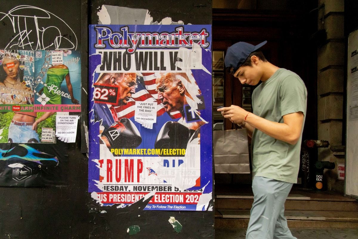 A Polymarket advertisement in the Brooklyn borough of New York, US, on Monday, July 22, 2024. Various US election outcomes have propelled open wagers close to $1 billion on Polymarket, a 500% jump over the past few months, even though Polymarket says it has excluded US users since 2022 as part of a settlement with federal regulators. Photographer: Michael Nagle/Bloomberg