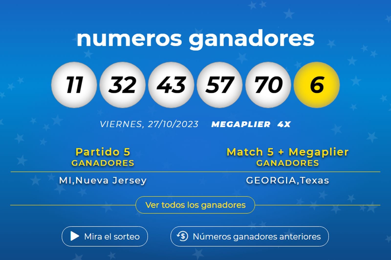 Números ganadores de Mega Millions del 27 de octubre (Foto: Mega Millions)