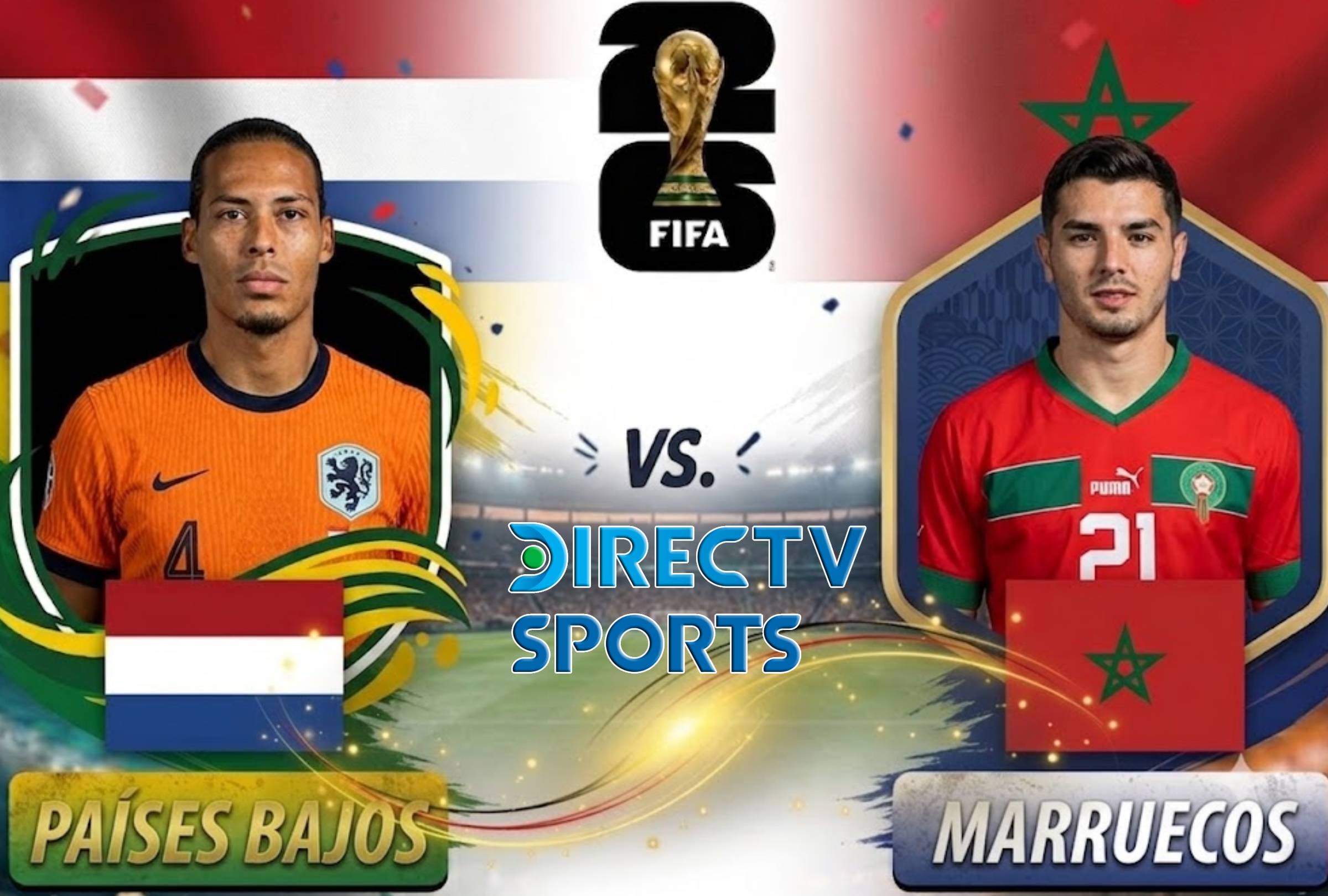 MONTERREY, NUEVO LEÓN (MÉXICO), 29/06/2026.- DIRECTV y DGO te llevarán EN VIVO el partido de Países Bajos vs. Marruecos por los 16avos de final del Mundial 2026 desde Estadio Monterrey, México. Imagen creada por Gemini.