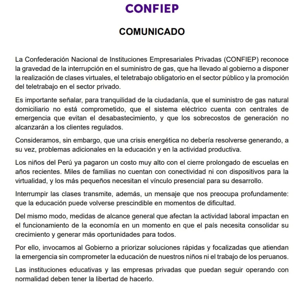 Comunicado de la Confiep.