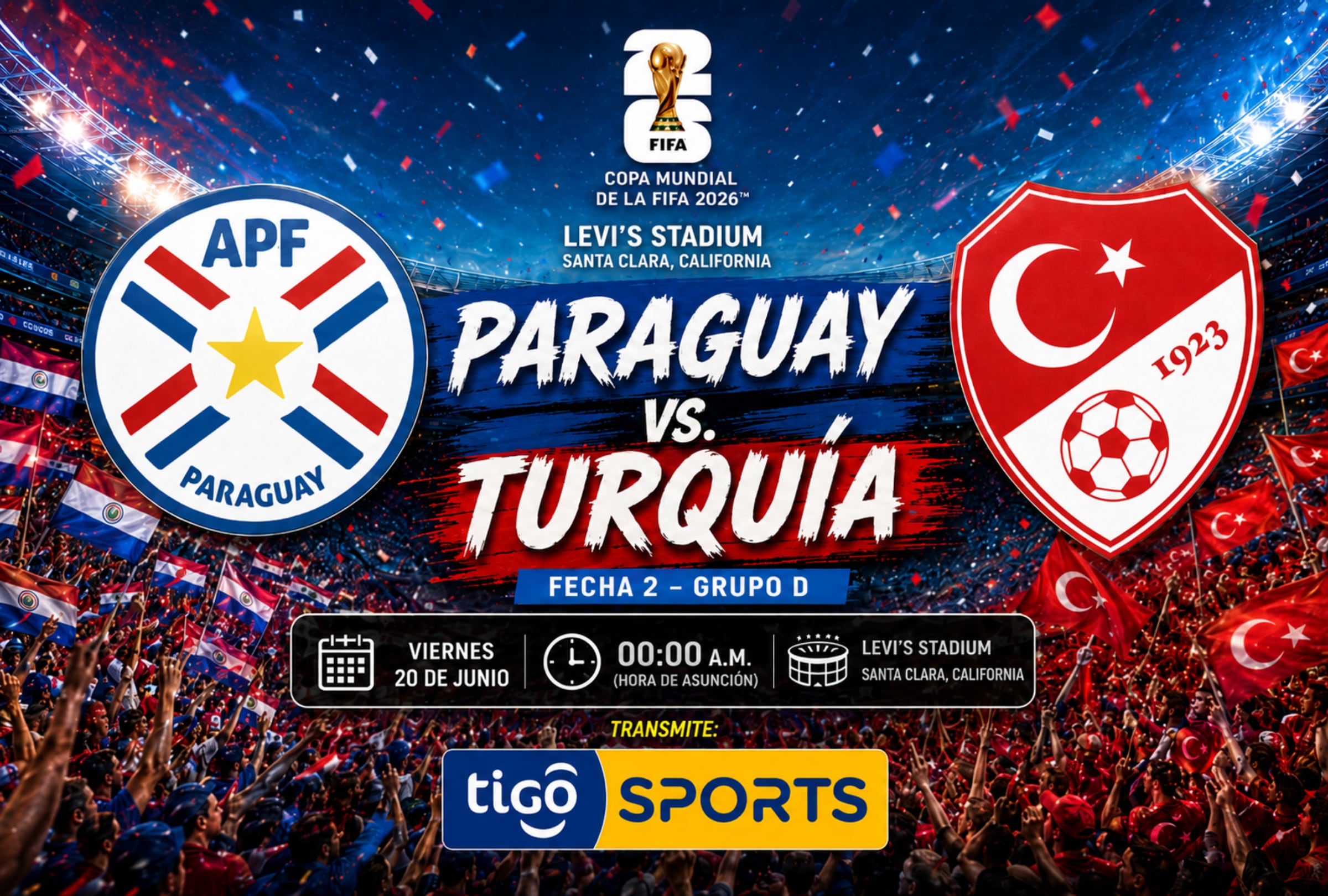 SANTA CLARA, CALIFORNIA (ESTADOS UNIDOS), 19/06/2026.- Cobertura oficial de TIGO SPORTS EN VIVO GRATIS para mirar el partido entre Paraguay y Turquía este sábado 20 de junio por la fecha 2 del grupo D del Mundial 2026 en el Levi's Stadium de Santa Clara, California. FOTO DE DANIEL DUARTE PARA AFP