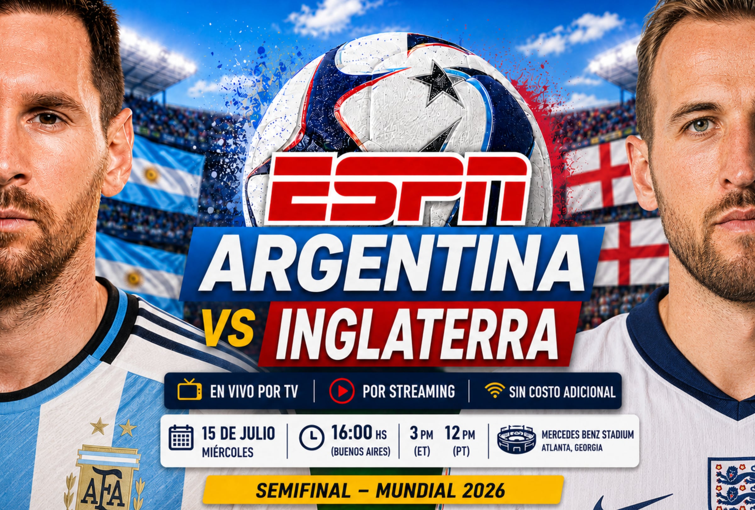 ATLANTA, GEORGIA (ESTADOS UNIDOS), 15/07/2026.- Cobertura oficial de ESPN EN VIVO ONLINE para ver el partido Argentina vs. Inglaterra hoy por la semifinal del Mundial 2026 en el Mercedes Benz Stadium de Atlanta, Georgia. FOTO DE NOÉ YACTAYO