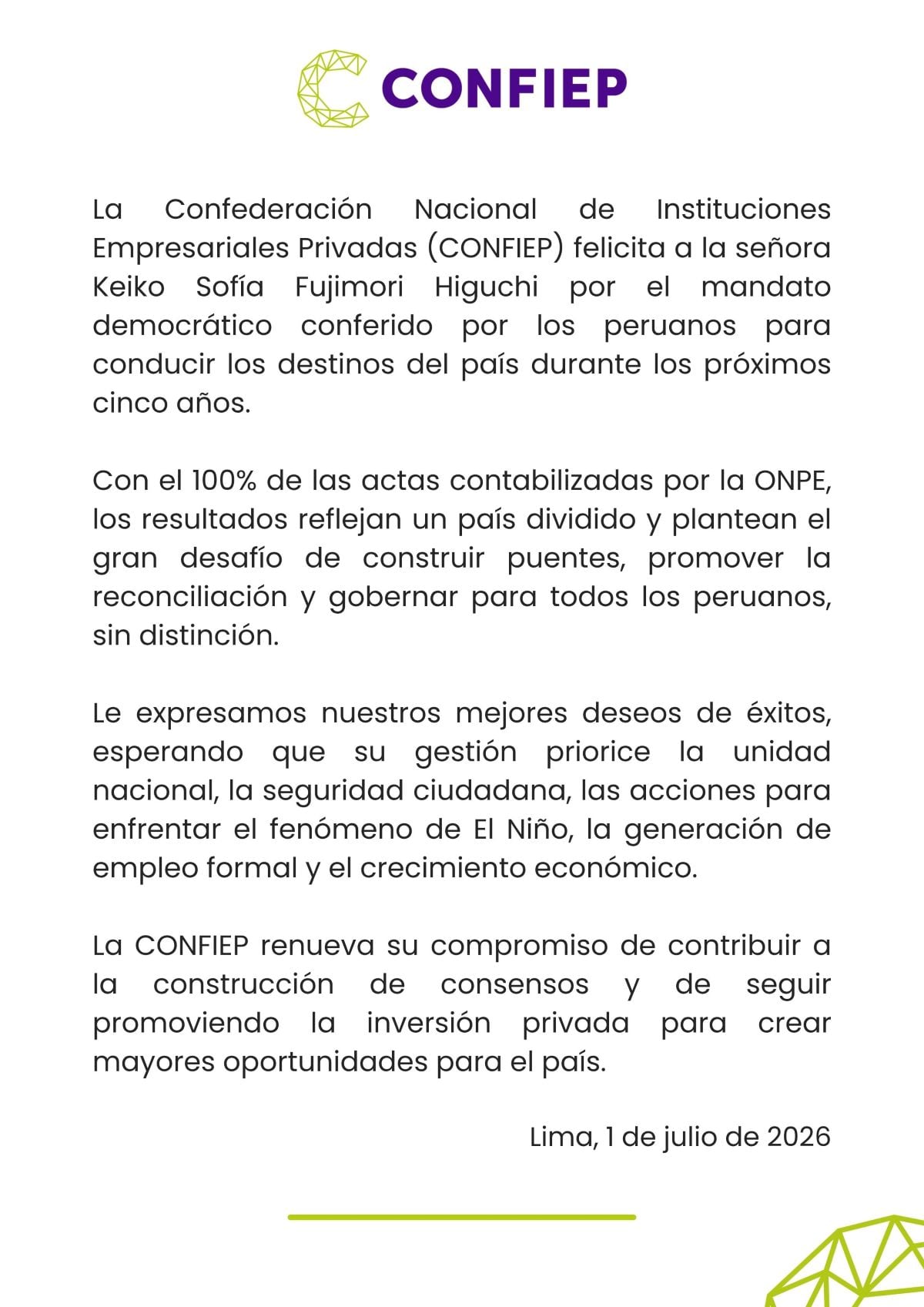 Confiep felicita a Keiko Fujimori. Foto: X.