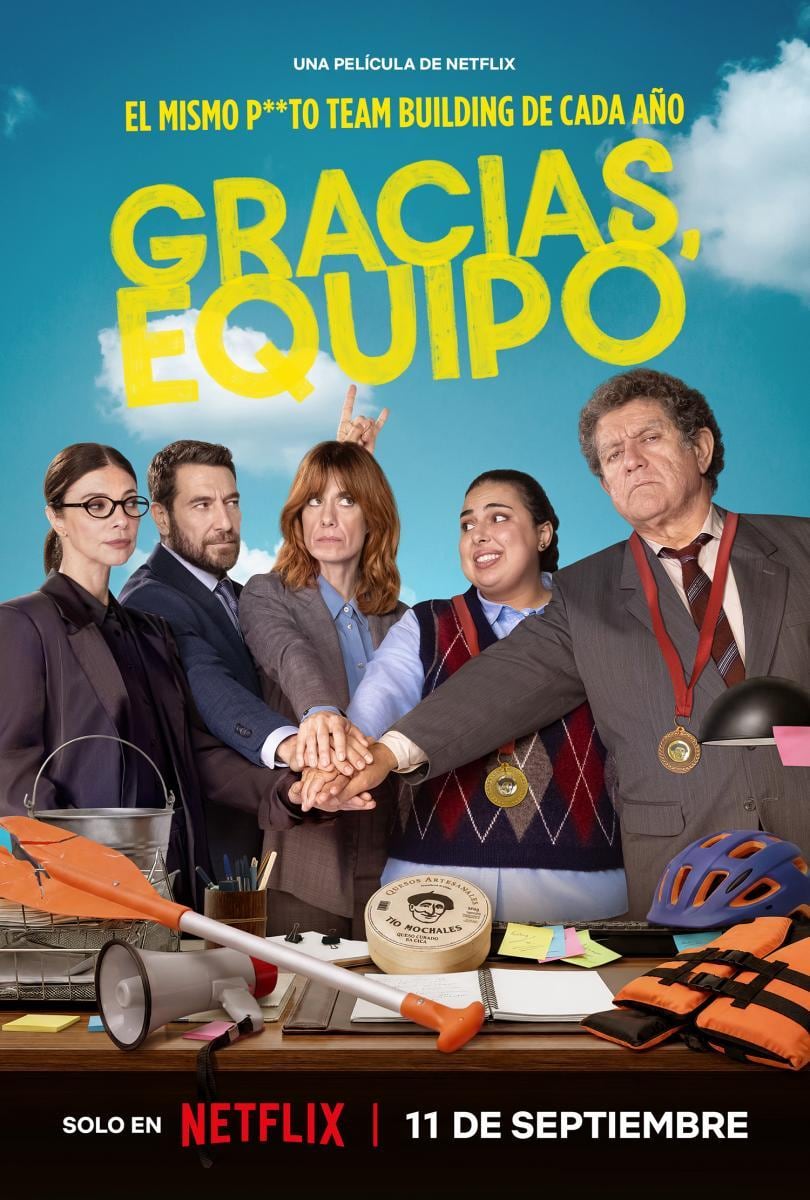 El póster de "Gracias, equipo", película española del director Diego Núñez Irigoyen que explora géneros como la comedia y el drama a lo largo de su trama (Foto: Zeta Studios / Netflix)