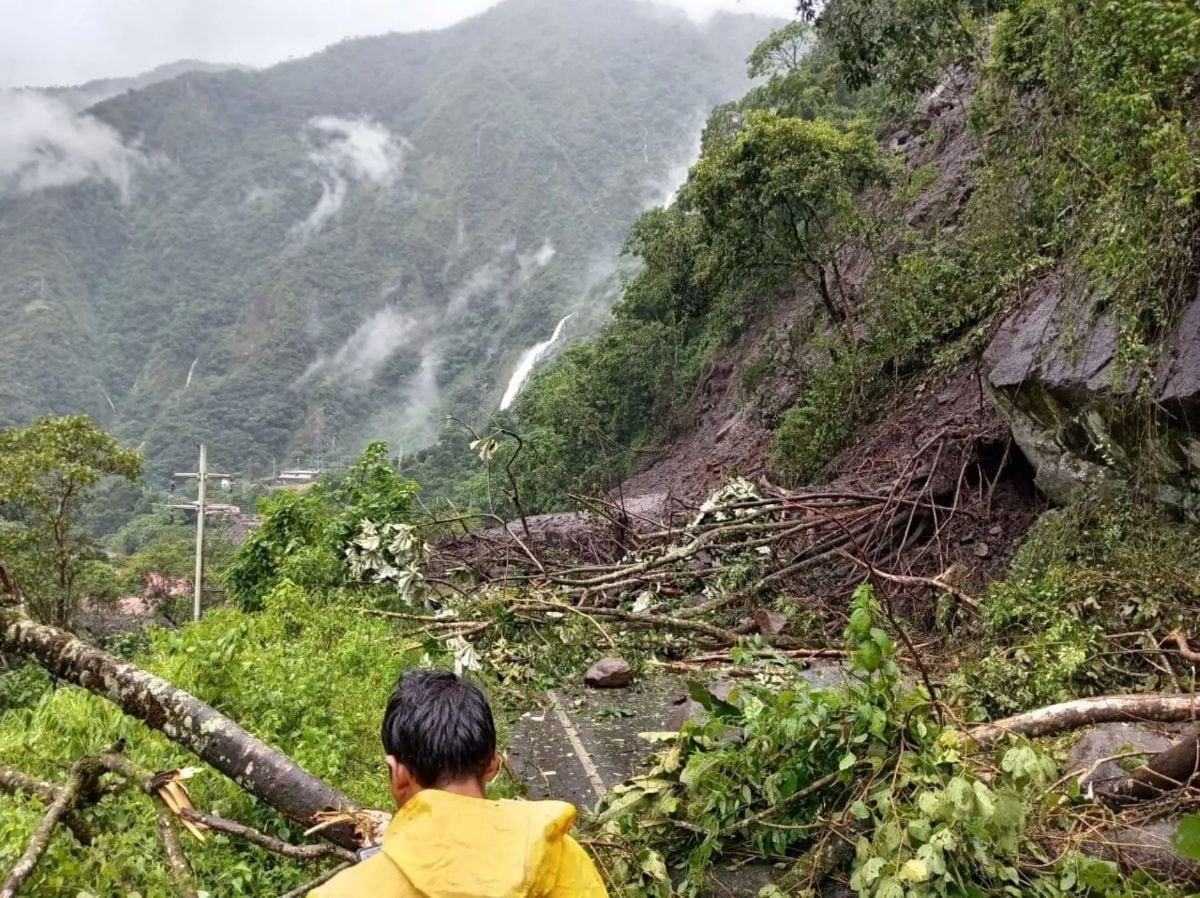 Los deslizamientos de tierra, ocasionados por las intensas lluvias en la selva de Puno, mantienen cerrada la carretera Interoceánica en el tramo de San Gabán, dejando cientos de vehículos varados. Foto: Andina.