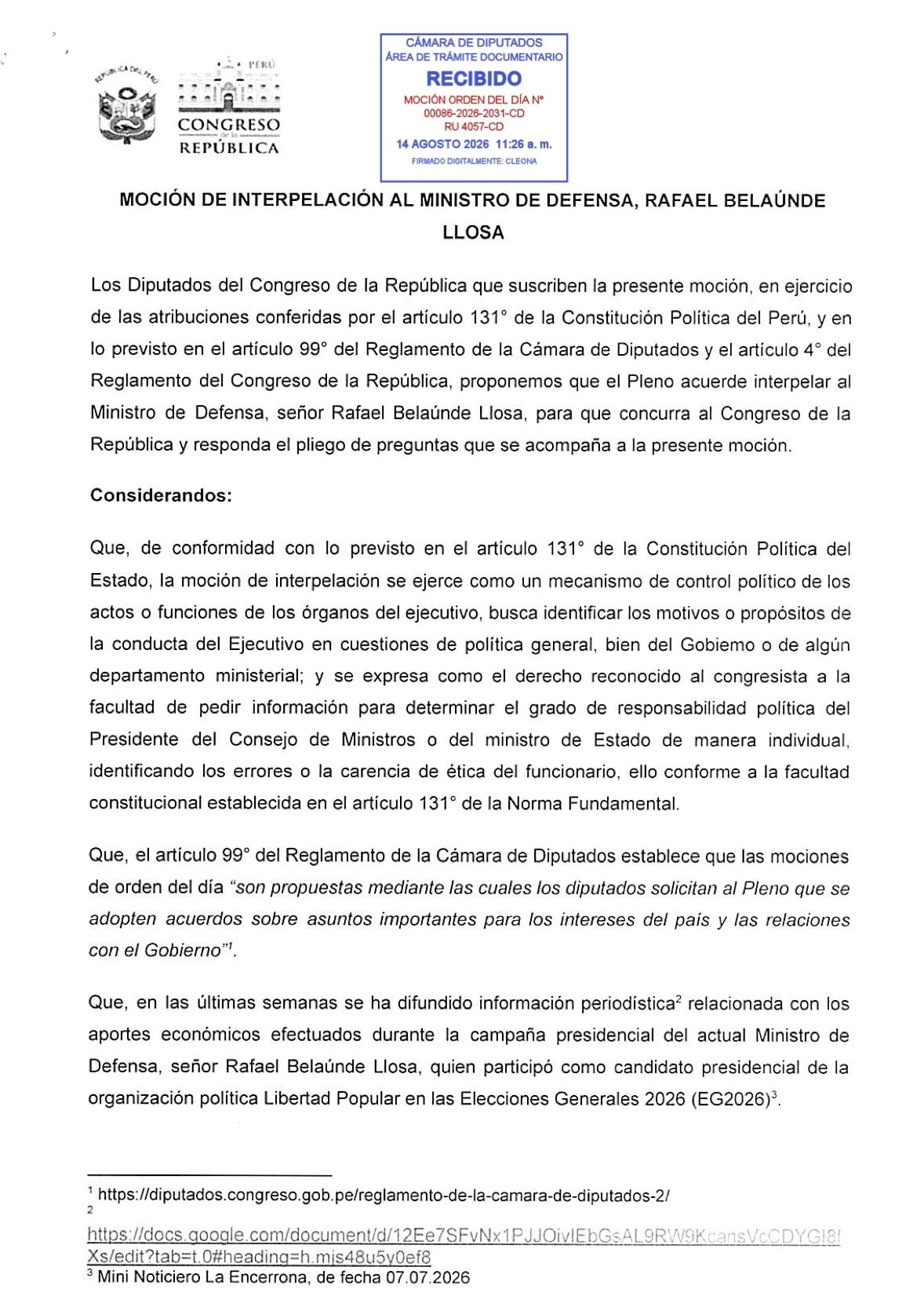 Juntos por el Perú presentó moción de interpelación contra ministro de Defensa: estas son las razones. Foto: Congreso.