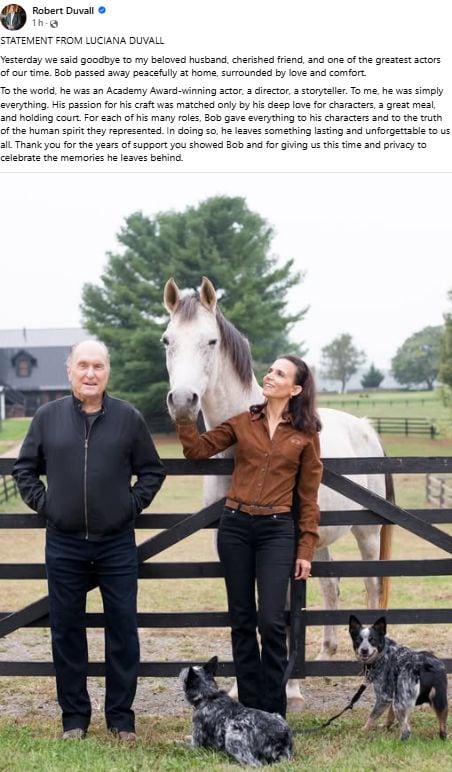 Anuncio sobre fallecimiento de Robert Duvall