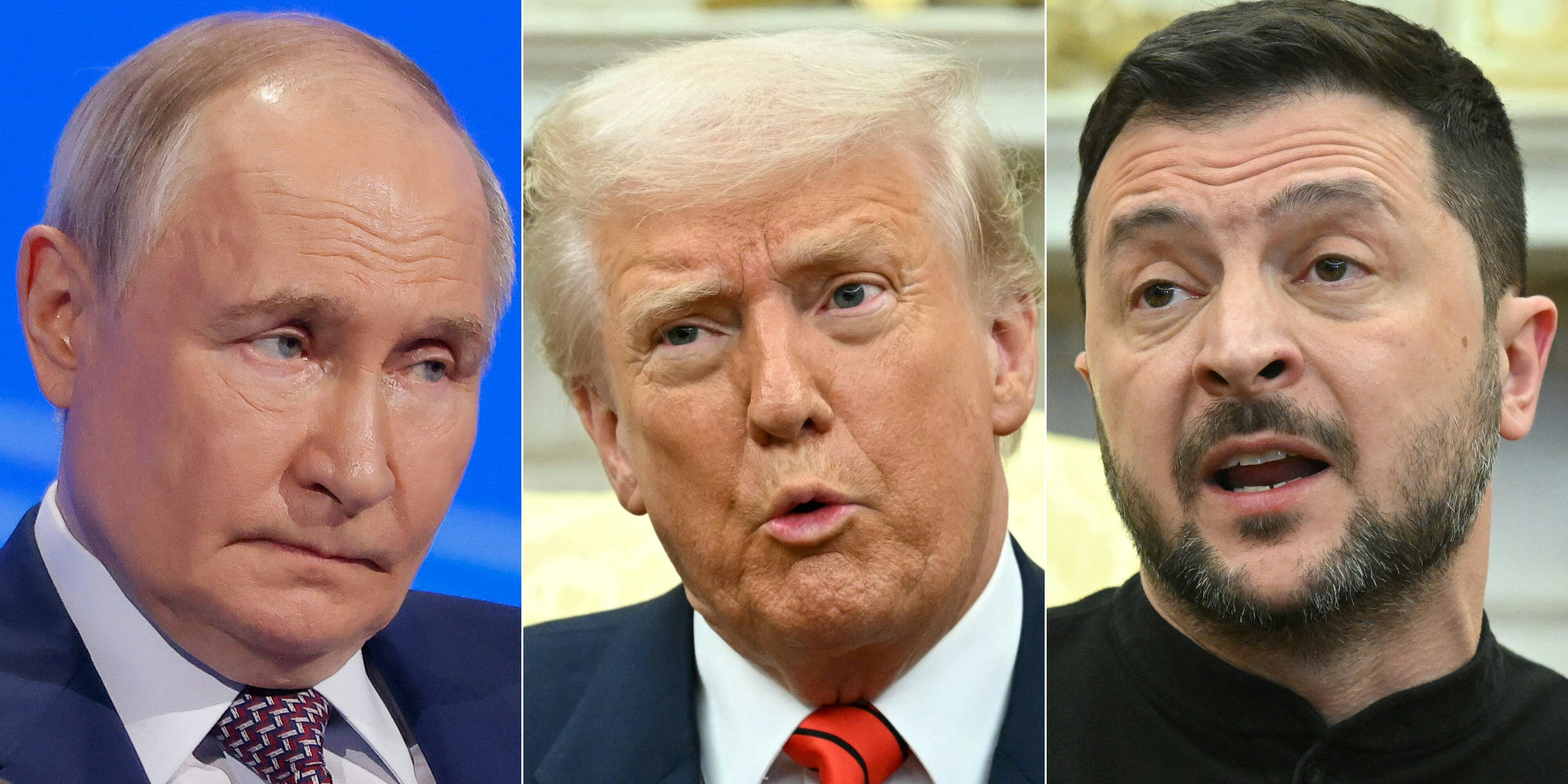 El presidente de Rusia, Vladimir Putin, el presidente de Estados Unidos, Donald Trump y el presidente de Ucrania, Volodymyr Zelensky. (Foto de varias fuentes / AFP)