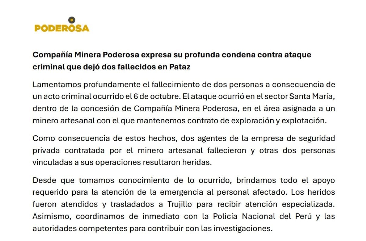 Comunicado de la Compañía Minera Poderosa.