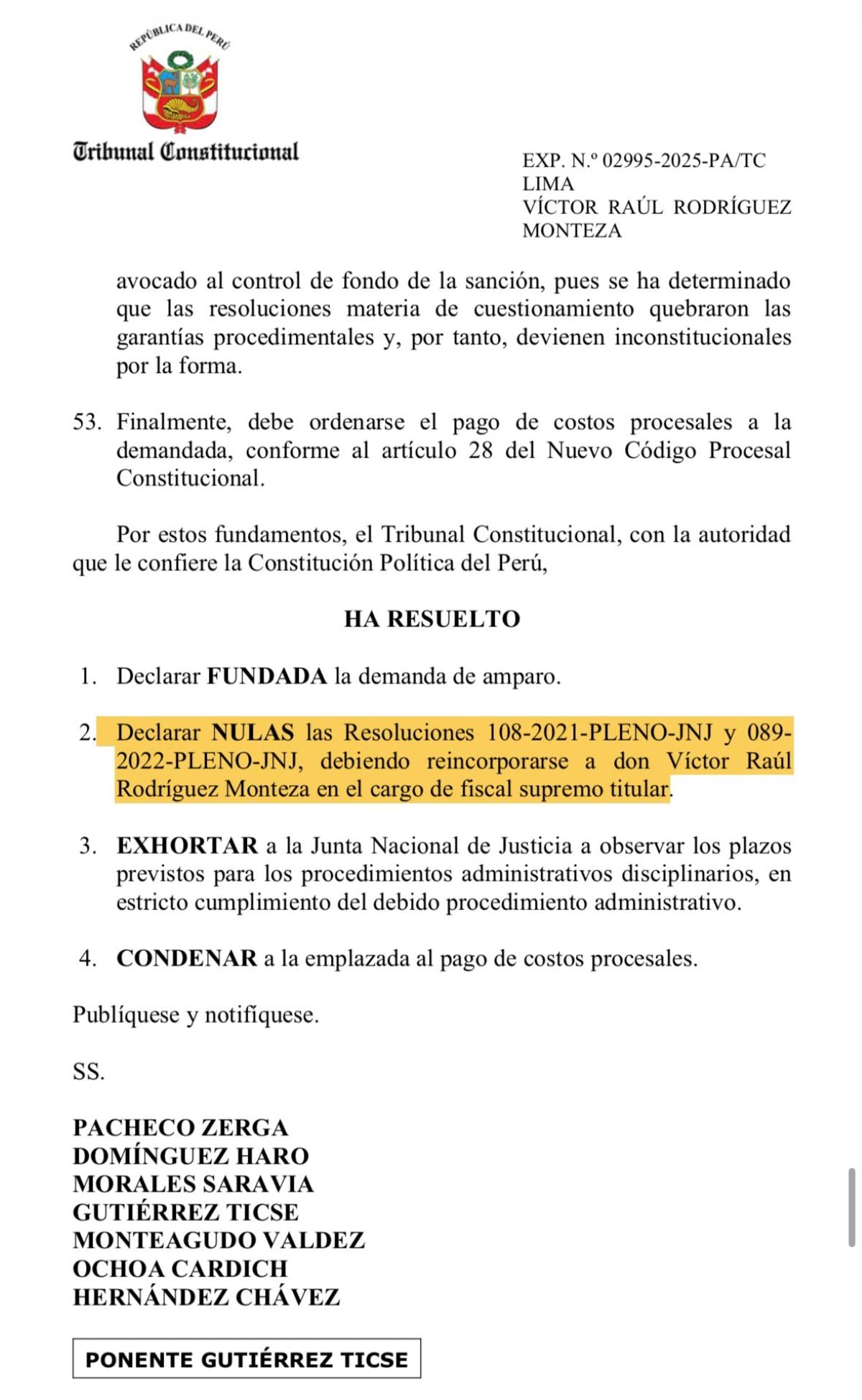 TC anula la destitución de Víctor Rodríguez Monteza. Foto: X.