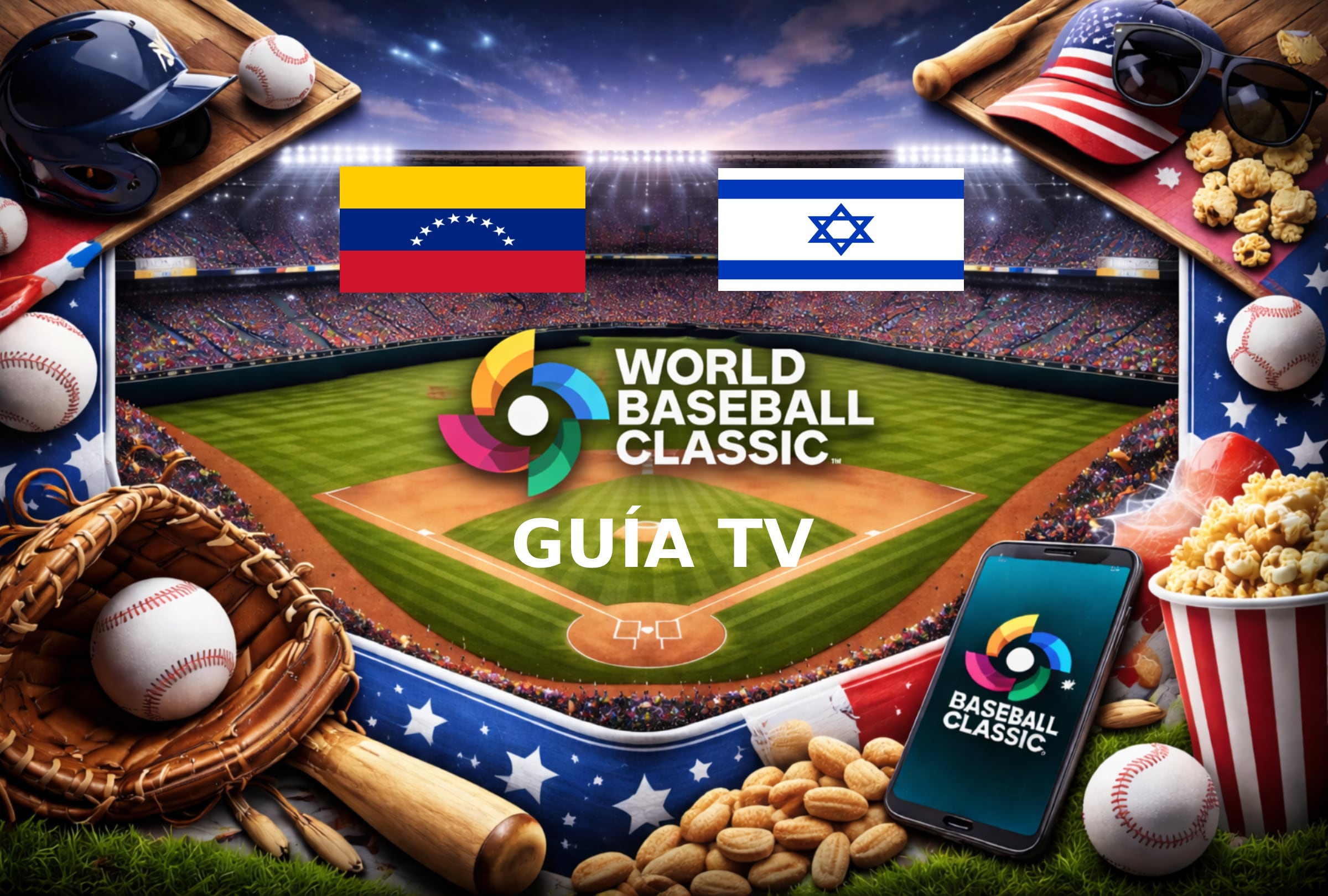 MIAMI, FLORIDA (ESTADOS UNIDOS), 07/03/2026.- Lista de horarios y canales de televisión en diferentes países del mundo para ver el juego de Venezuela e Israel este sábado 7 de marzo por la fecha 2 del Grupo D del Clásico Mundial de Béisbol 2026 desde el LoanDepot Park de Miami, Florida. FOTO DE NOÉ YACTAYO CREADA CON CHATGPT PARA GESTIÓN MIX