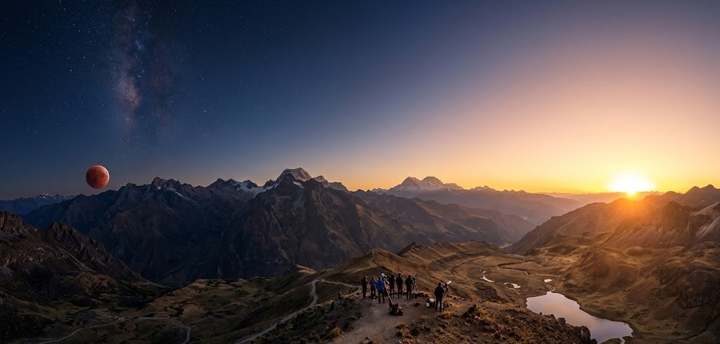 Este fenómeno es posible gracias a la refracción de la luz en la atmósfera terrestre, que altera ligeramente la posición aparente de ambos astros. (Imagen referencial creada por El Comercio MAG usando la IA de "Perplexity")