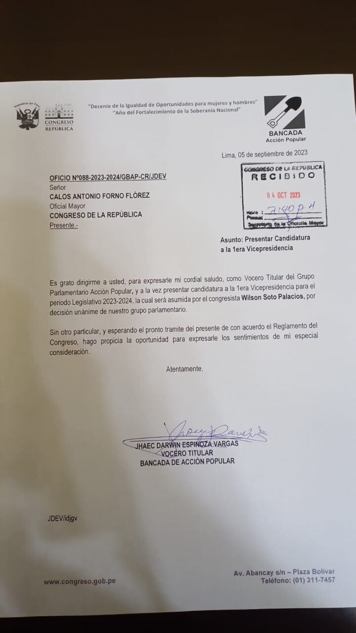 Documento de la inscripción de Wilson Soto para competir al cargo de la primera vicepresidencia.