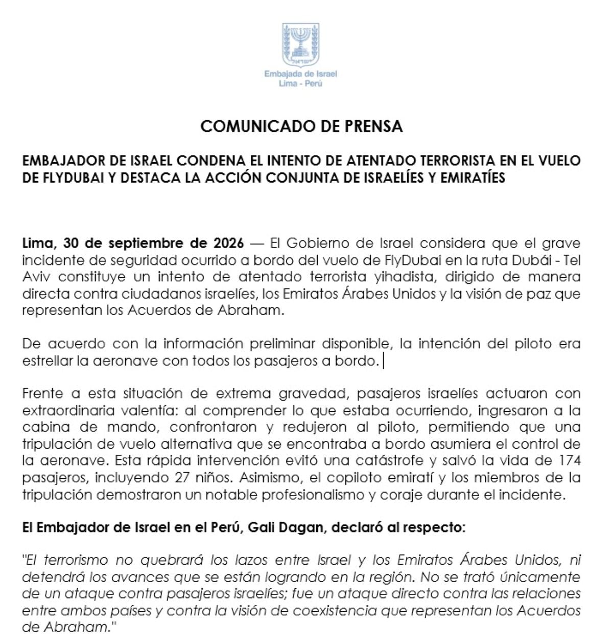 Comunicado de la Embajada de Israel en Perú.