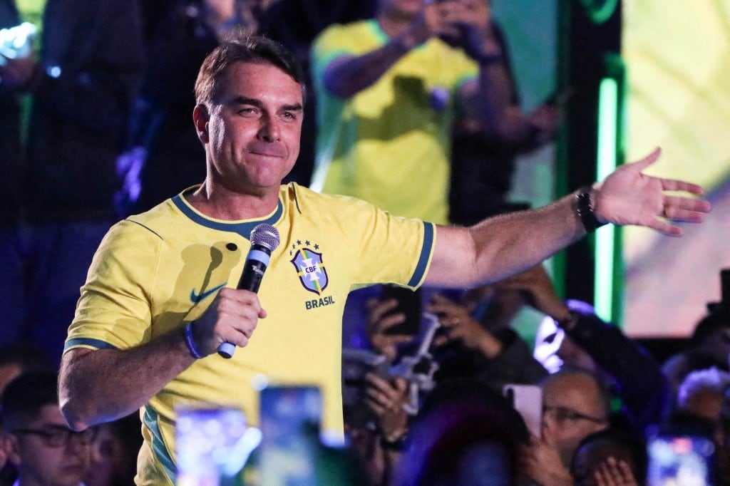 El senador y precandidato a la presidencia de la república, Flavio Bolsonaro (PL), en Espaco Inter, en Guarulhos, el 20 de junio de 2026. (Marina Uezima/Brazil Photo Press vía AFP)