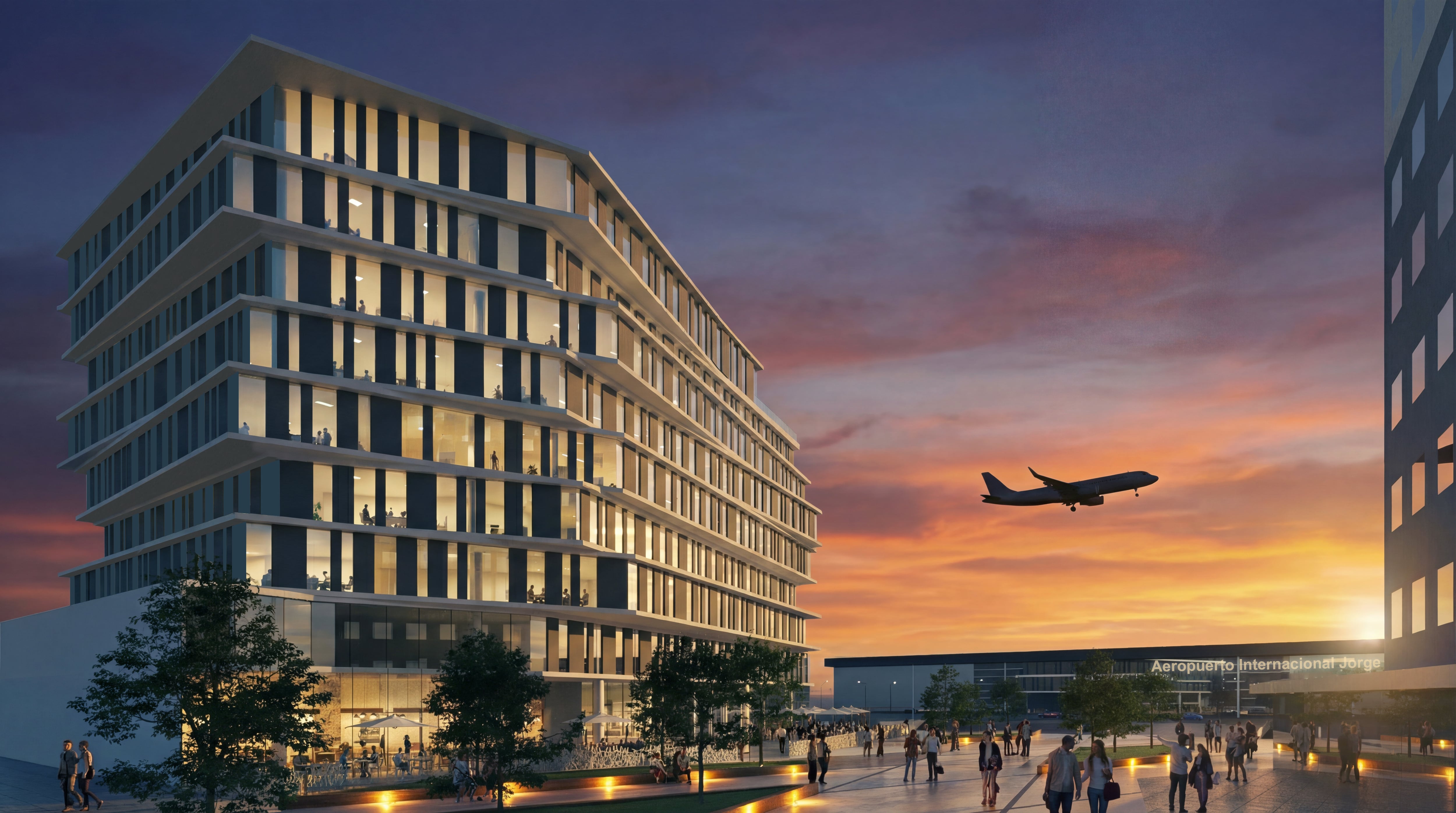 Edificio de oficinas que Inmobiliaria Koricancha desarrollará en la Ciudad Aeropuerto del Jorge Chávez. La infraestructura de nueve pisos demandará una inversión de US$ 21 millones y prevé iniciar operaciones en 2028. Foto: LAP