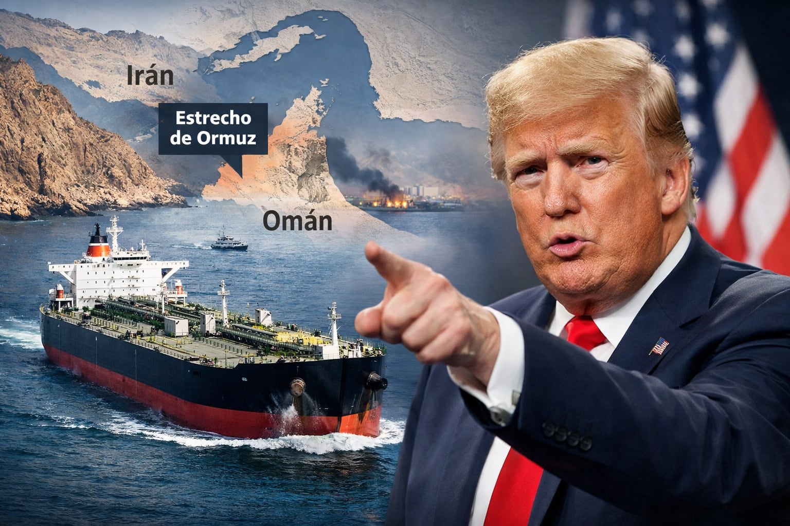 Donald Trump ha dicho que Estados Unidos podría terminar la guerra en Irán sin que se desbloquee el estrecho de Ormuz. (Imagen generada con IA, Chatgpt).