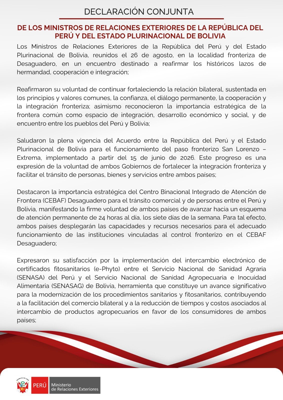 Declaración Conjunta de Cancilleres de Perú y Bolivia. Foto: Cancillería