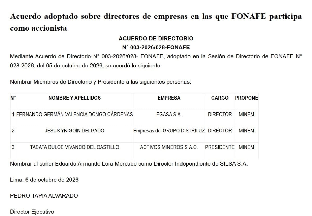 Acuerdo adoptado sobre directores de empresas en las que Fonafe participa como accionista. Foto: El Peruano.