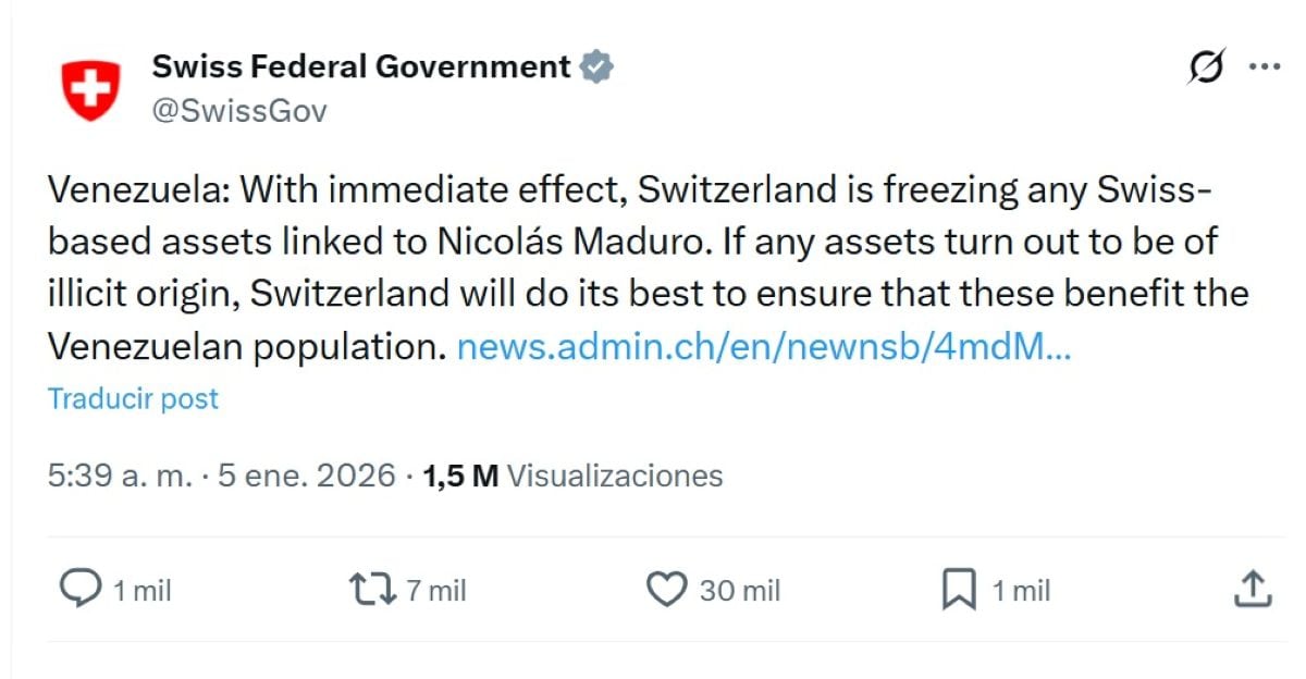 Consejo Federal congela todos los activos que Nicolás Maduro tiene en Suiza. Foto: X.