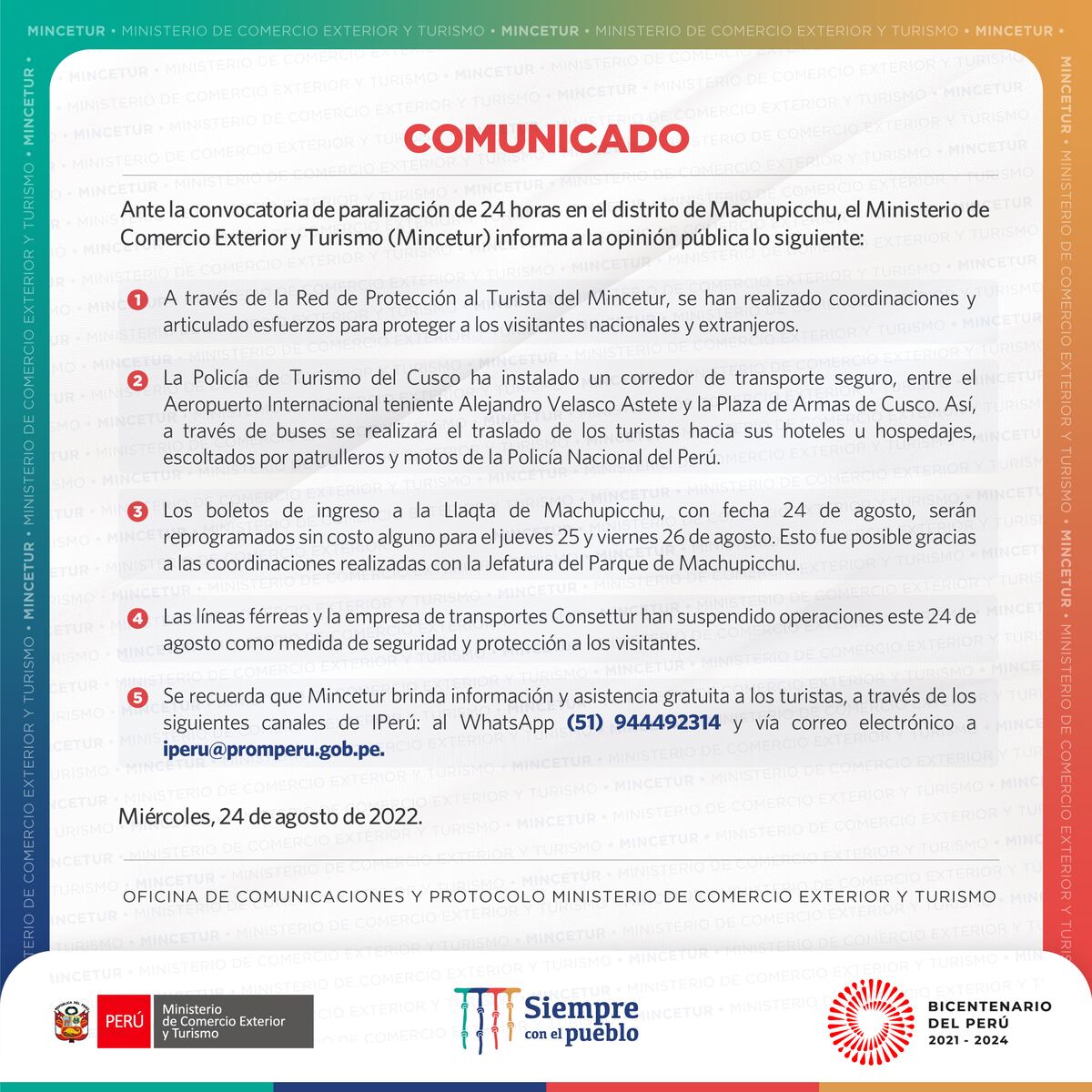 Ante la convocatoria de paralización de 24 horas en el distrito de Machu Picchu.