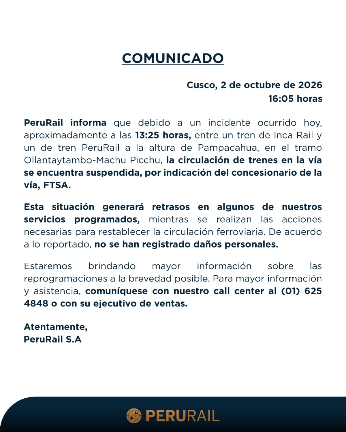 La circulación de trenes en el tramo Ollantaytambo-Machu Picchu fue suspendida este viernes tras un incidente ocurrido a la altura de Pampacahua. Foto: X.