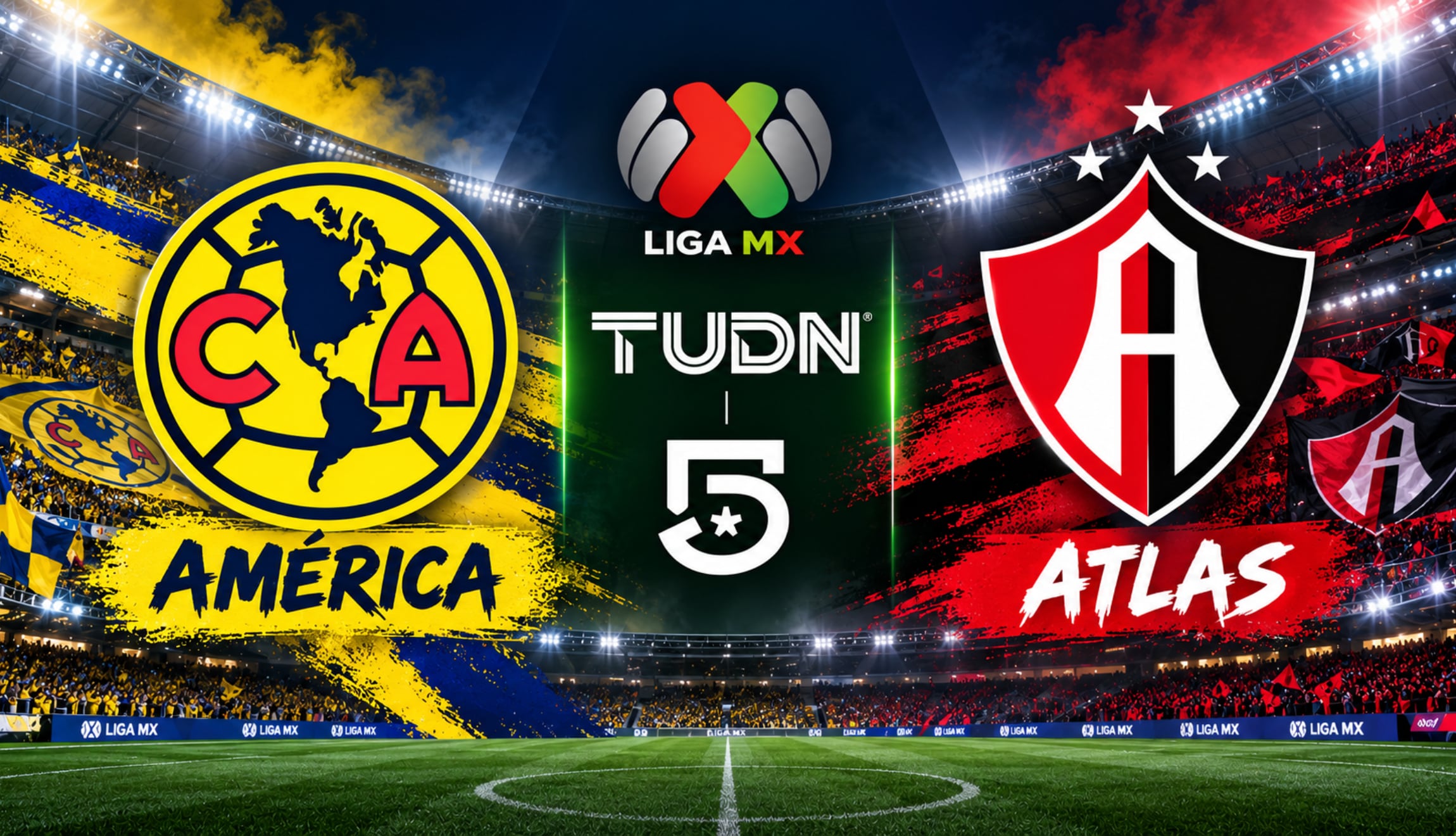Señal de TUDN y Canal 5 para ver la transmisión de América vs. Atlas en vivo y en directo, este 21 de octubre, por la Jornada 13 del Torneo Apertura 2026 de la Liga MX. (Foto: Imagen creada por Gestión Mix utilizando la IA de Chat GPT)