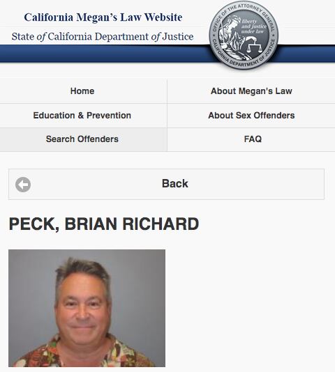 Registro de Brian Peck en la lista de convictos sexuales en el estado de California (Foto: Gobierno estatal de California)