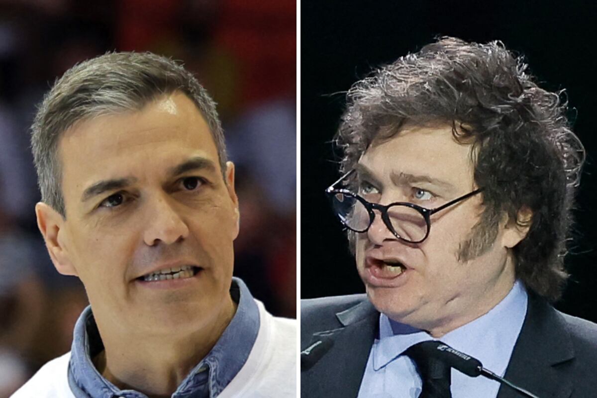 El presidente de España, Pedro Sánchez; y el mandatario argentino, Javier Milei. (Fotos de LLUIS GENE / OSCAR DEL POZO / AFP)