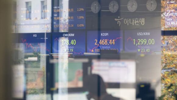 Operadores de divisas trabajan frente a monitores que muestran cifras del Índice Compuesto de Precios de las Acciones de Corea (KOSPI), a la izquierda, y el tipo de cambio entre el won surcoreano y el dólar estadounidense en una sala de operaciones del Hana Bank en Seúl, Corea del Sur, el lunes 6 de noviembre de 2023. Fotógrafo: SeongJoon Cho/Bloomberg