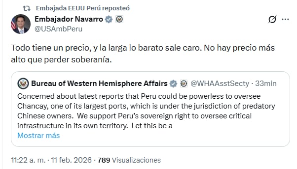 Repost del embajador de Estados Unidos en Perú. Foto: Cuenta X.